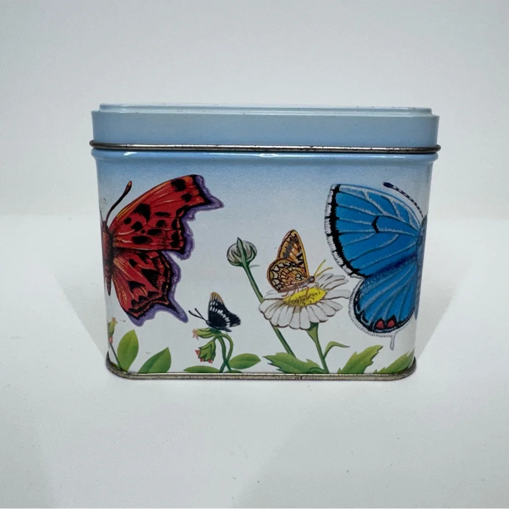 Early 90’s Vintage Butterfly & Flower Print Square Tin Box With Lid